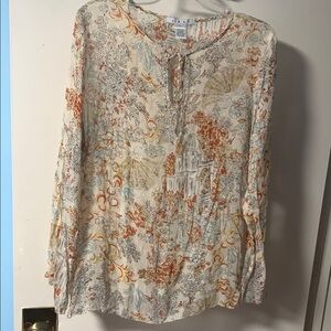 CAbi Cream and White Long Sleeve Blouse with Mandarin Collar